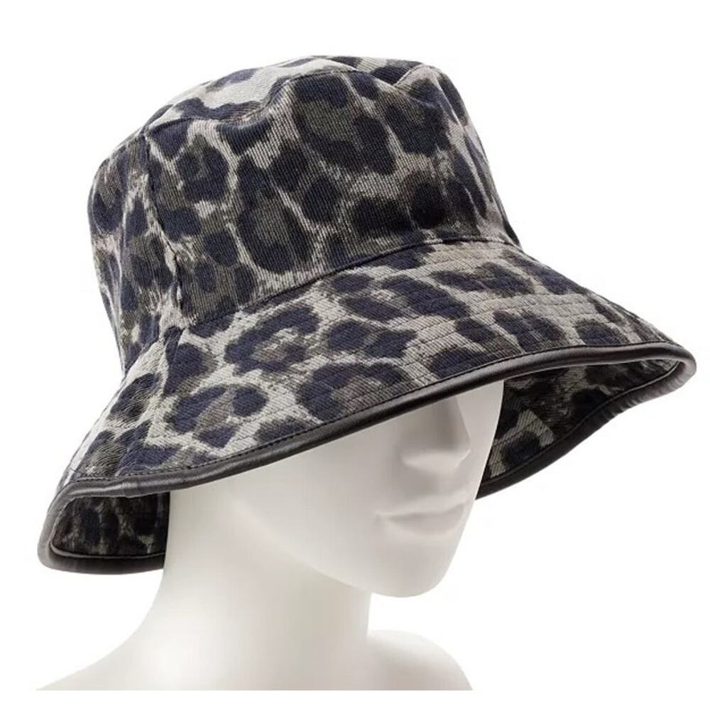 Nine West Animal Print Corduroy Bucket Hat – Black & Grey with Leather Trim–NWT